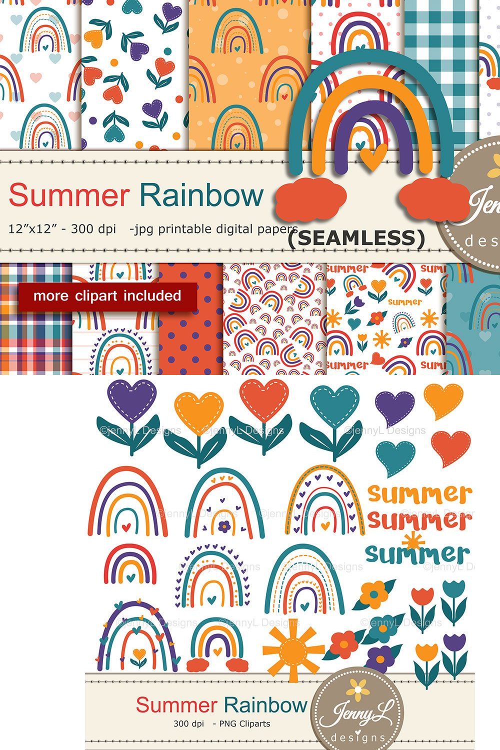 Rainbow Digital Papers and Clipart pinterest preview image.