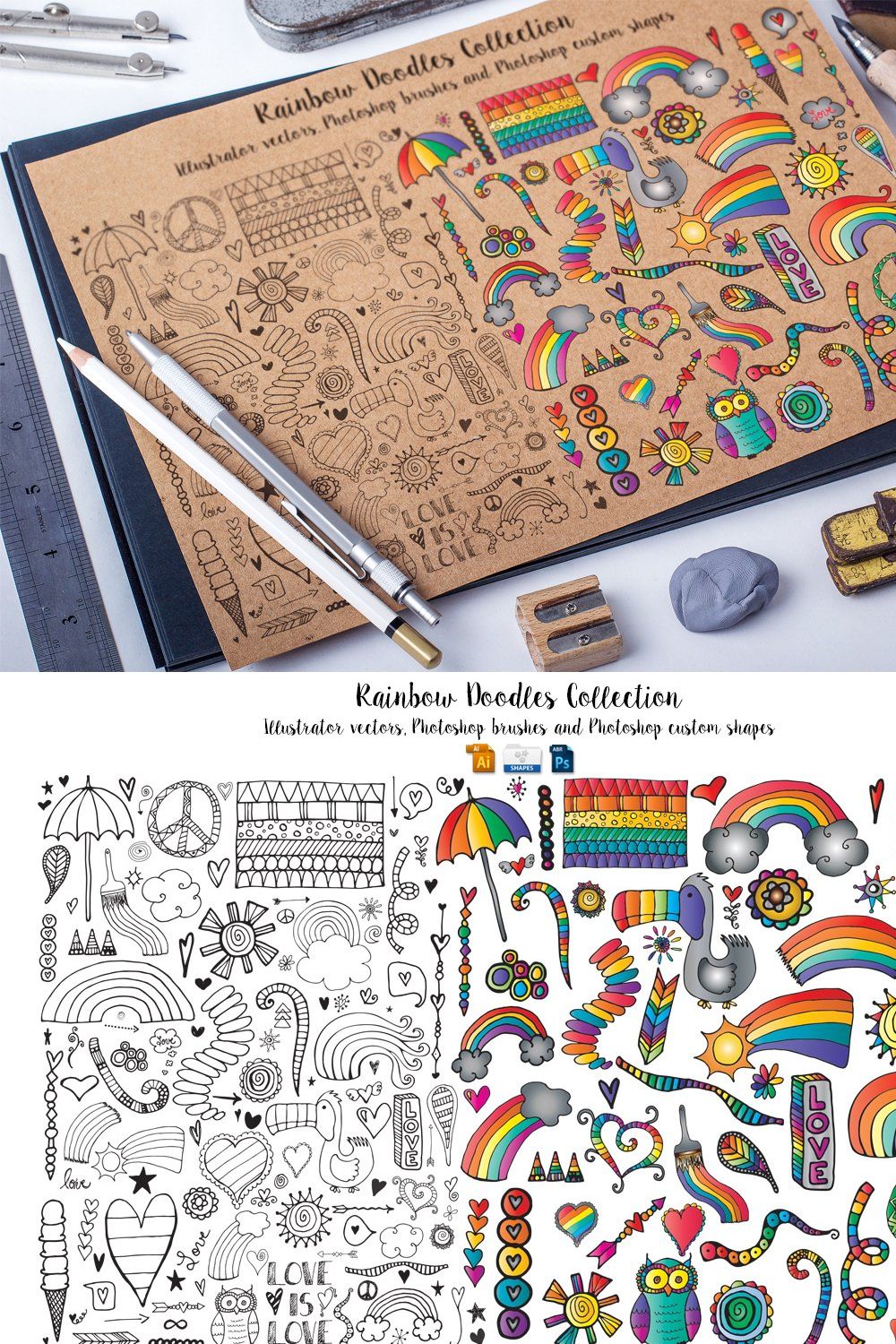 Rainbow Doodles pinterest preview image.