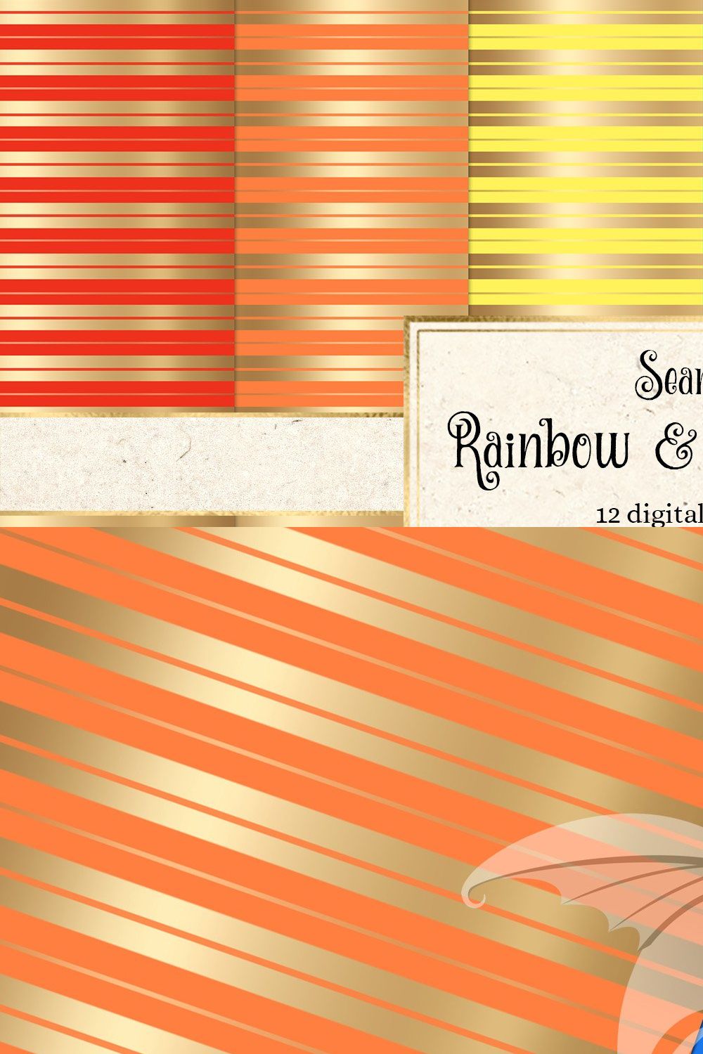 Rainbow & Gold Stripe Digital Paper pinterest preview image.