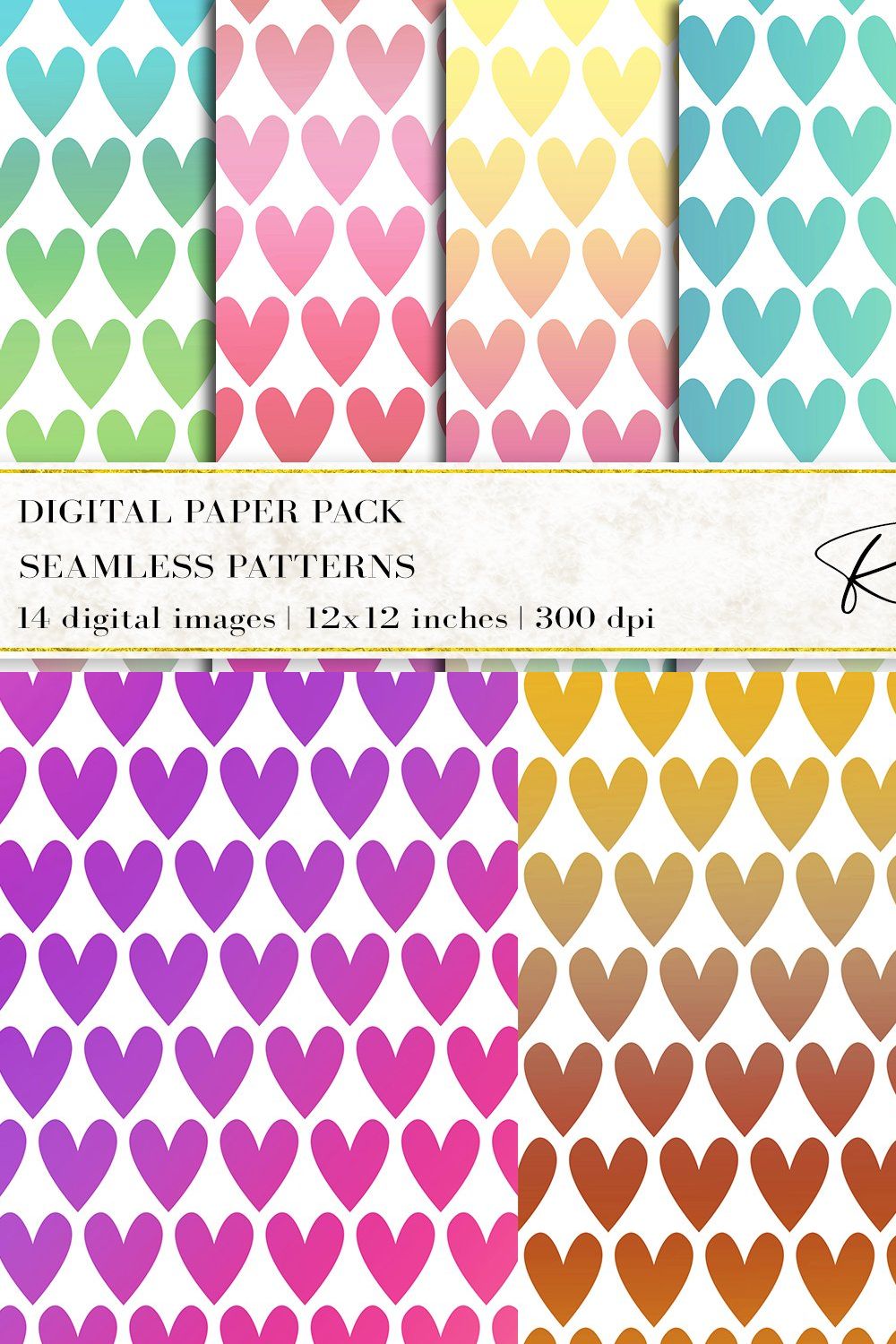 Rainbow Hearts Digital Papers pinterest preview image.