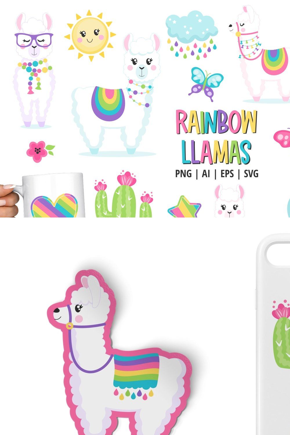 Rainbow Llamas pinterest preview image.