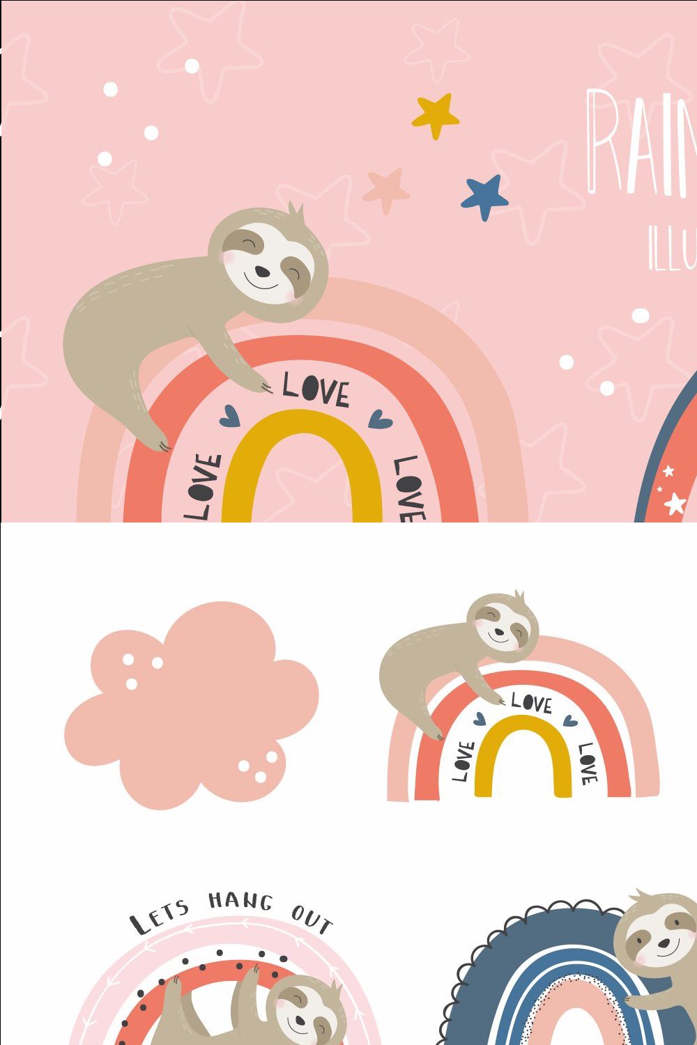 Rainbow sloths pinterest preview image.