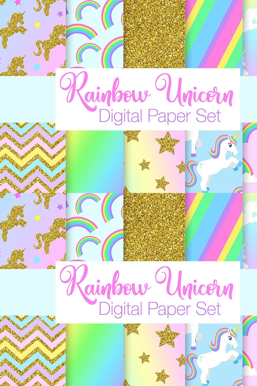 Rainbow Unicorn Digital Papers pinterest preview image.