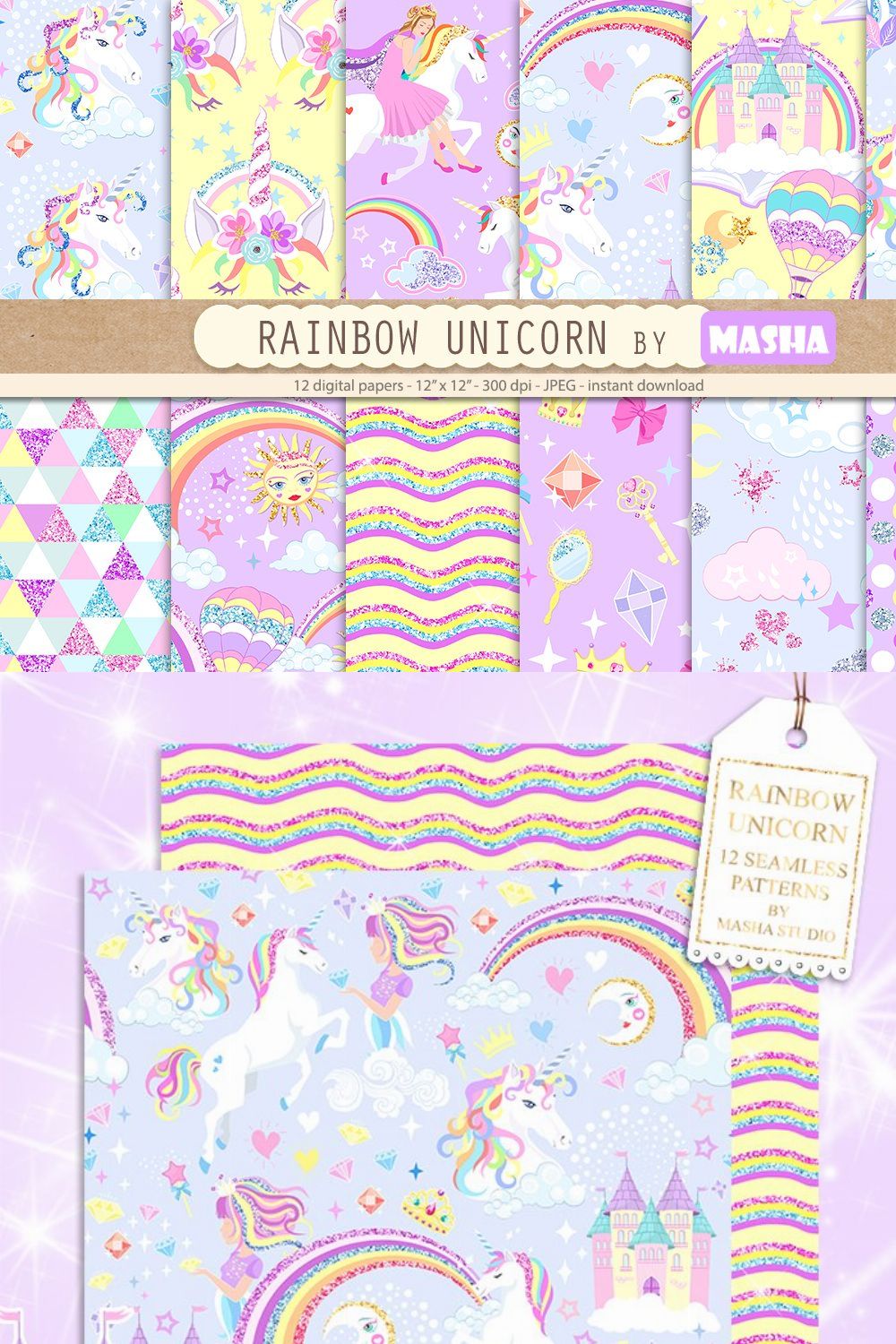 RAINBOW UNICORN digital papers pinterest preview image.