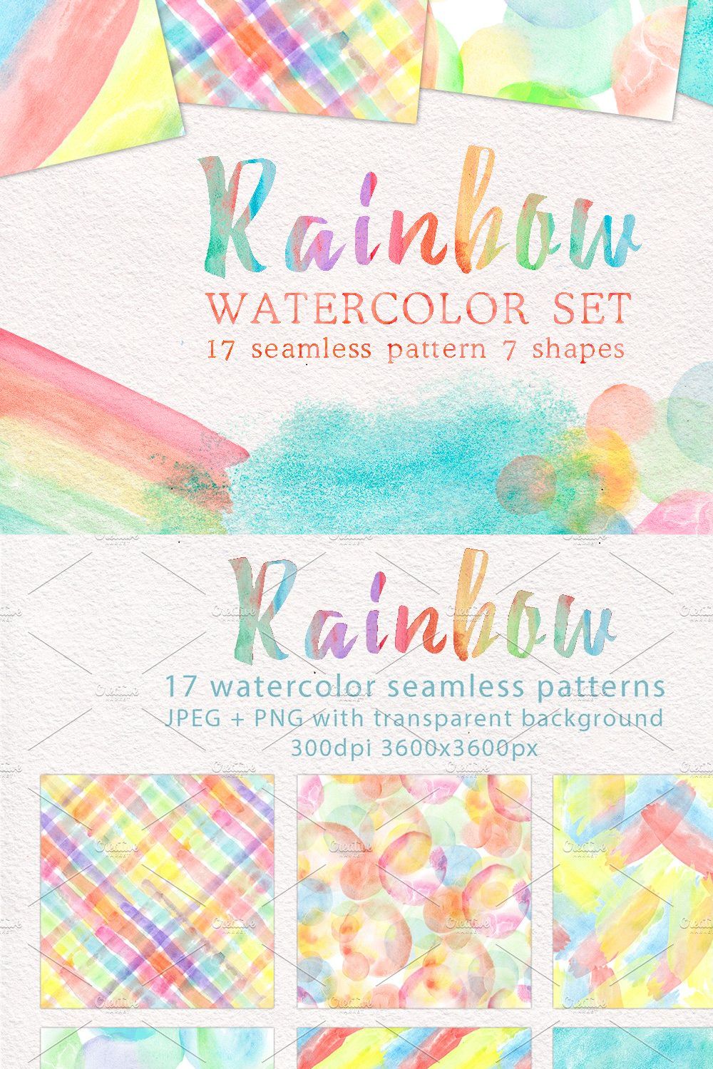 Rainbow watercolor seamless pattern pinterest preview image.