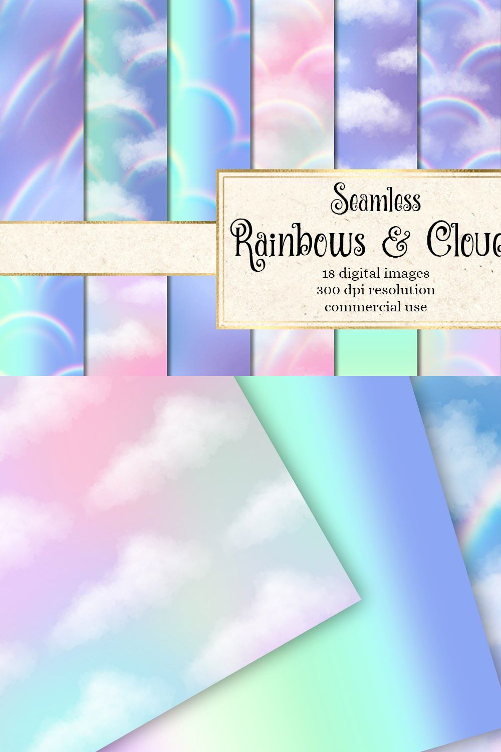 Rainbows & Clouds Digital Paper pinterest preview image.