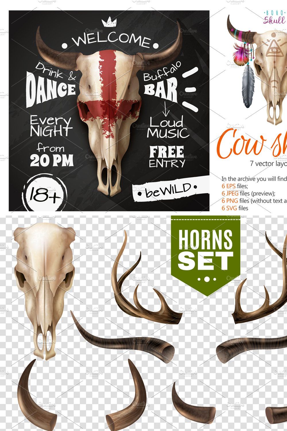 Realistic Cow Skull Set pinterest preview image.