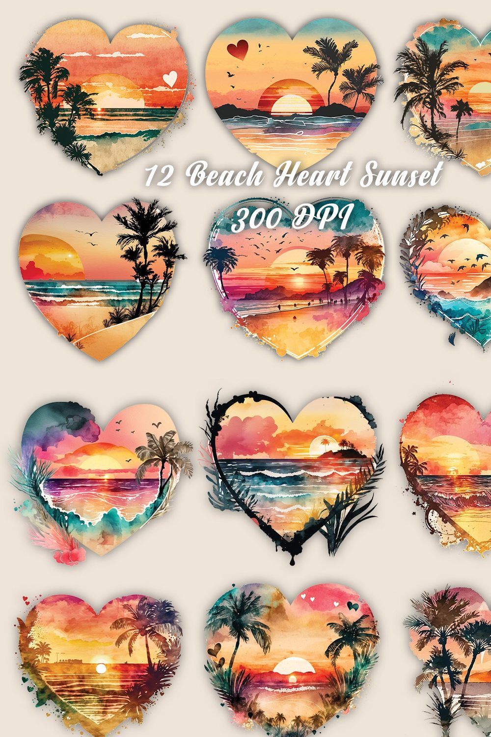 Retro Beach Heart Watercolor Clipart pinterest preview image.