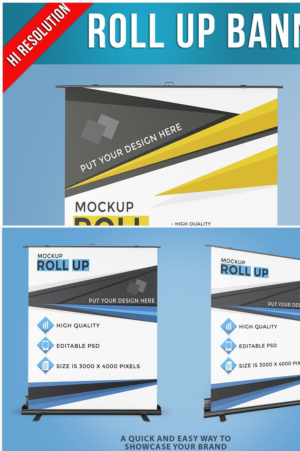 Roll Up Banner Mockup PSD pinterest preview image.