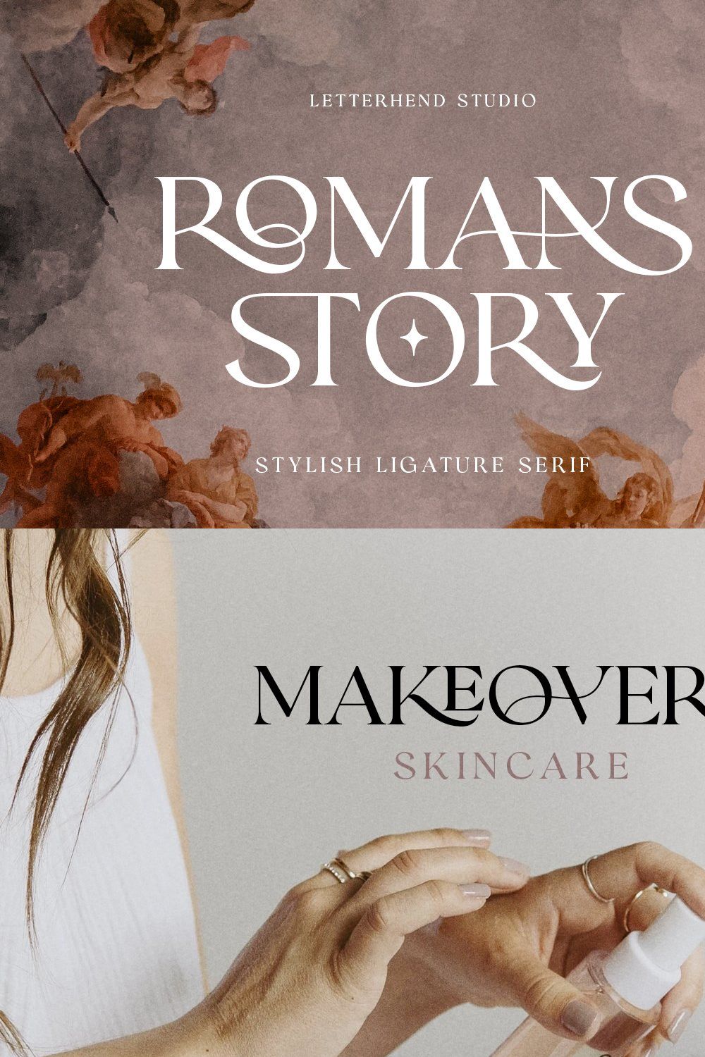 Romans Story - Ligature Serif Font pinterest preview image.