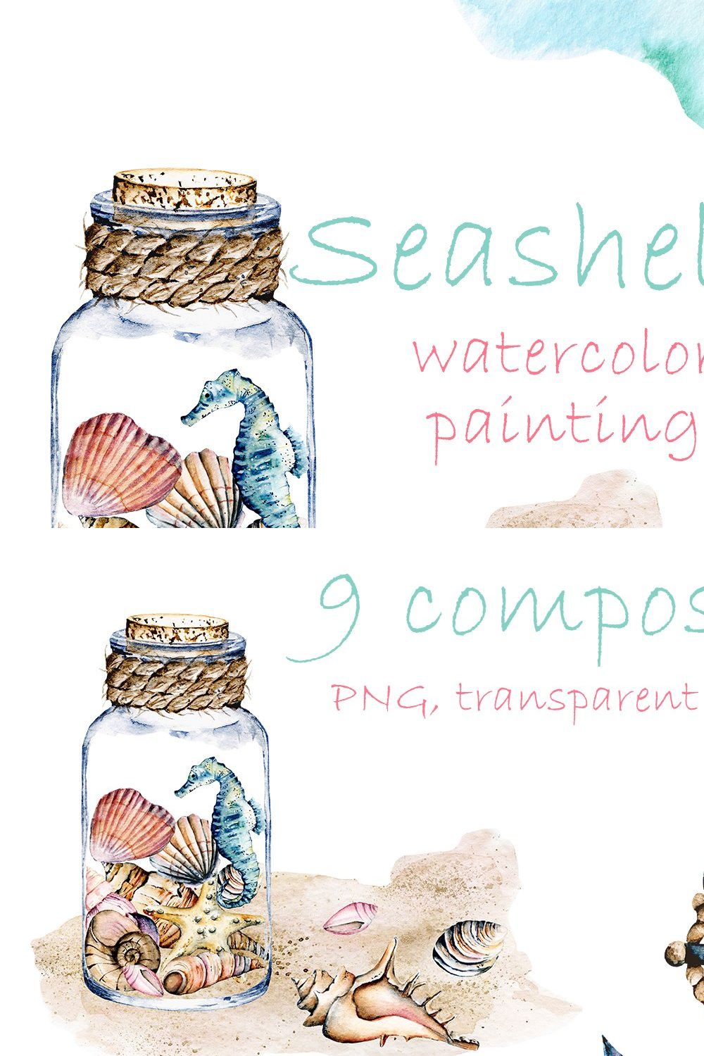 Sea, beach, seashells watercolor. pinterest preview image.