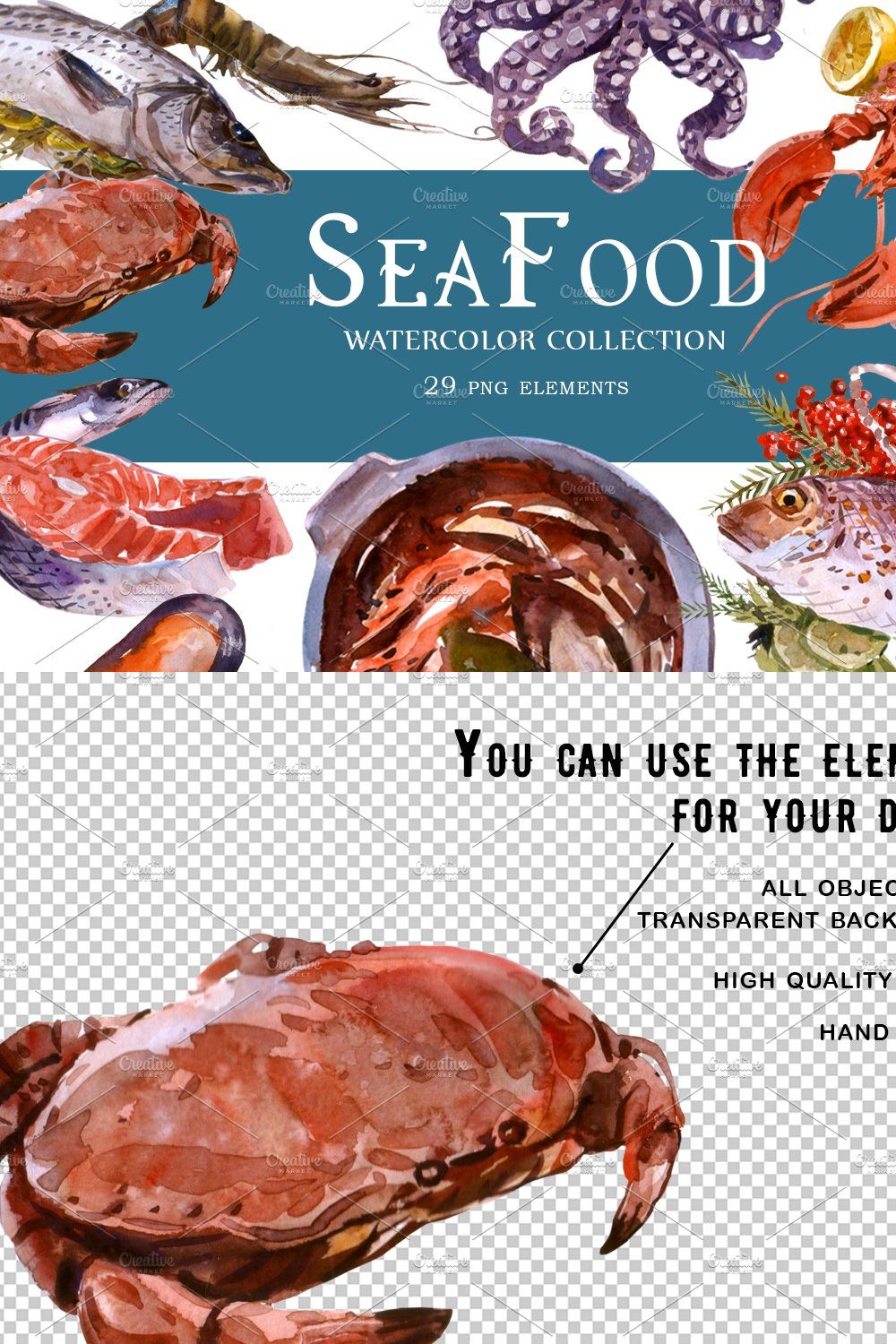 Sea Food Watercolor set pinterest preview image.