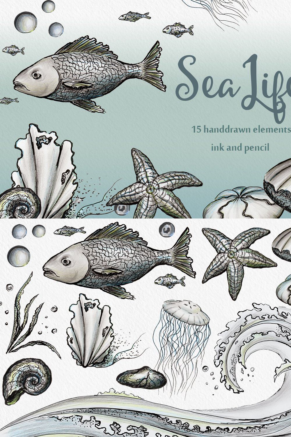 Sea Life - Ink & pencil pack pinterest preview image.