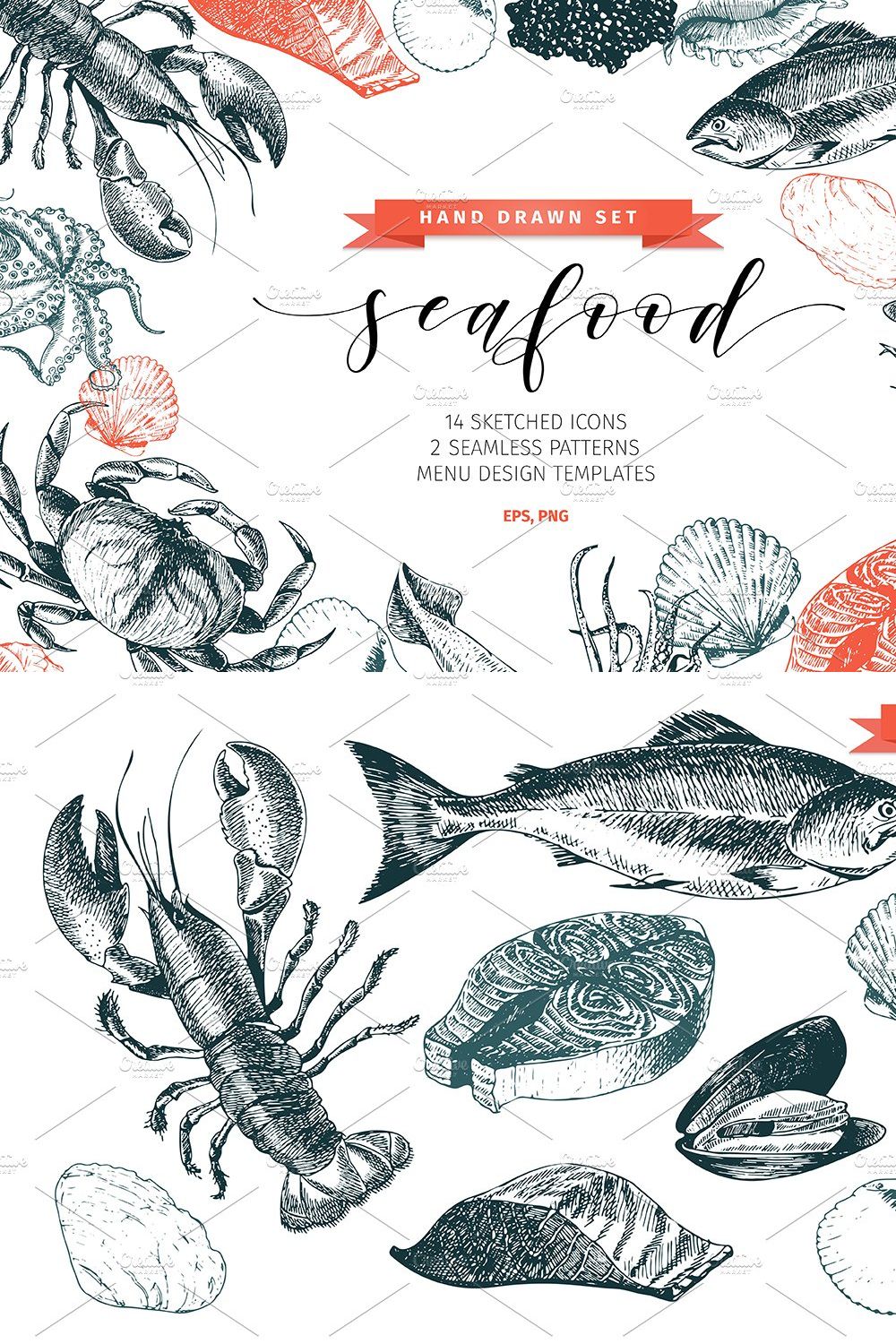 Seafood Hand Drawn Icon Set pinterest preview image.