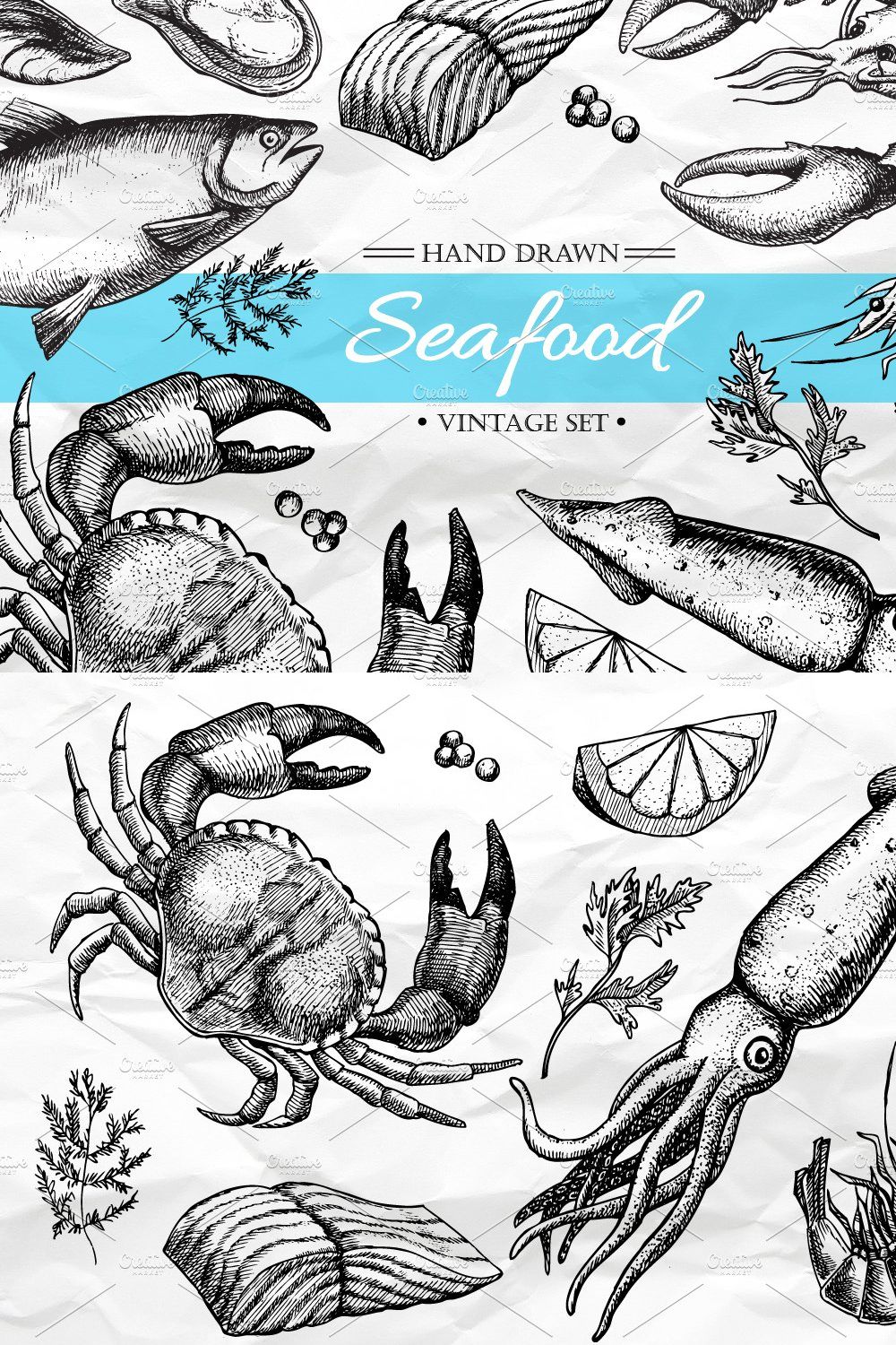 Seafood. Hand Drawn Vintage Set pinterest preview image.