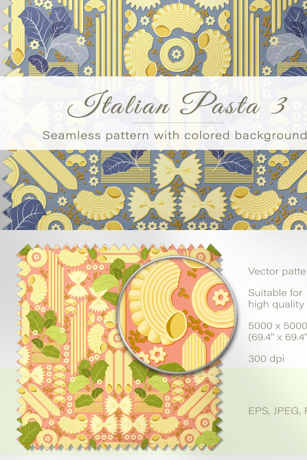 Seamless pattern of Italian pasta 3 pinterest preview image.