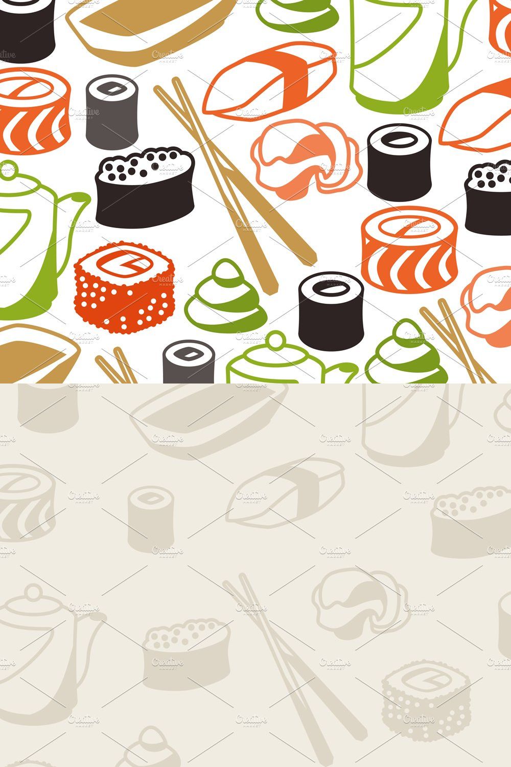 Seamless patterns with sushi. pinterest preview image.
