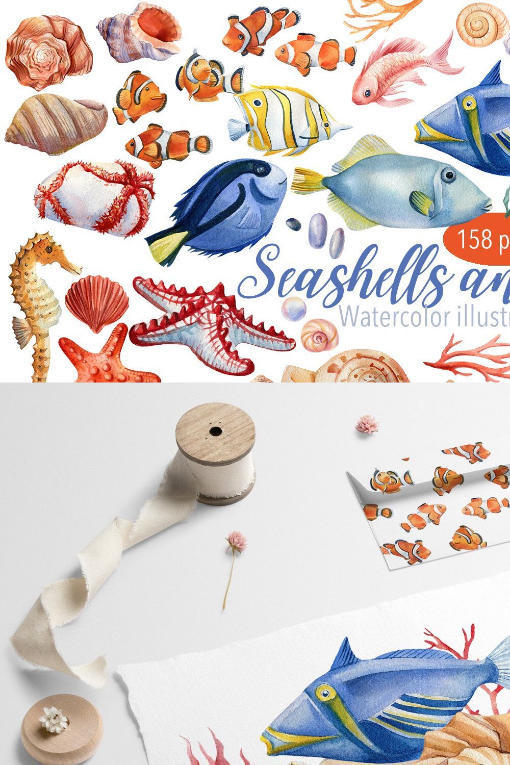 Seashells and fish, watercolor pinterest preview image.