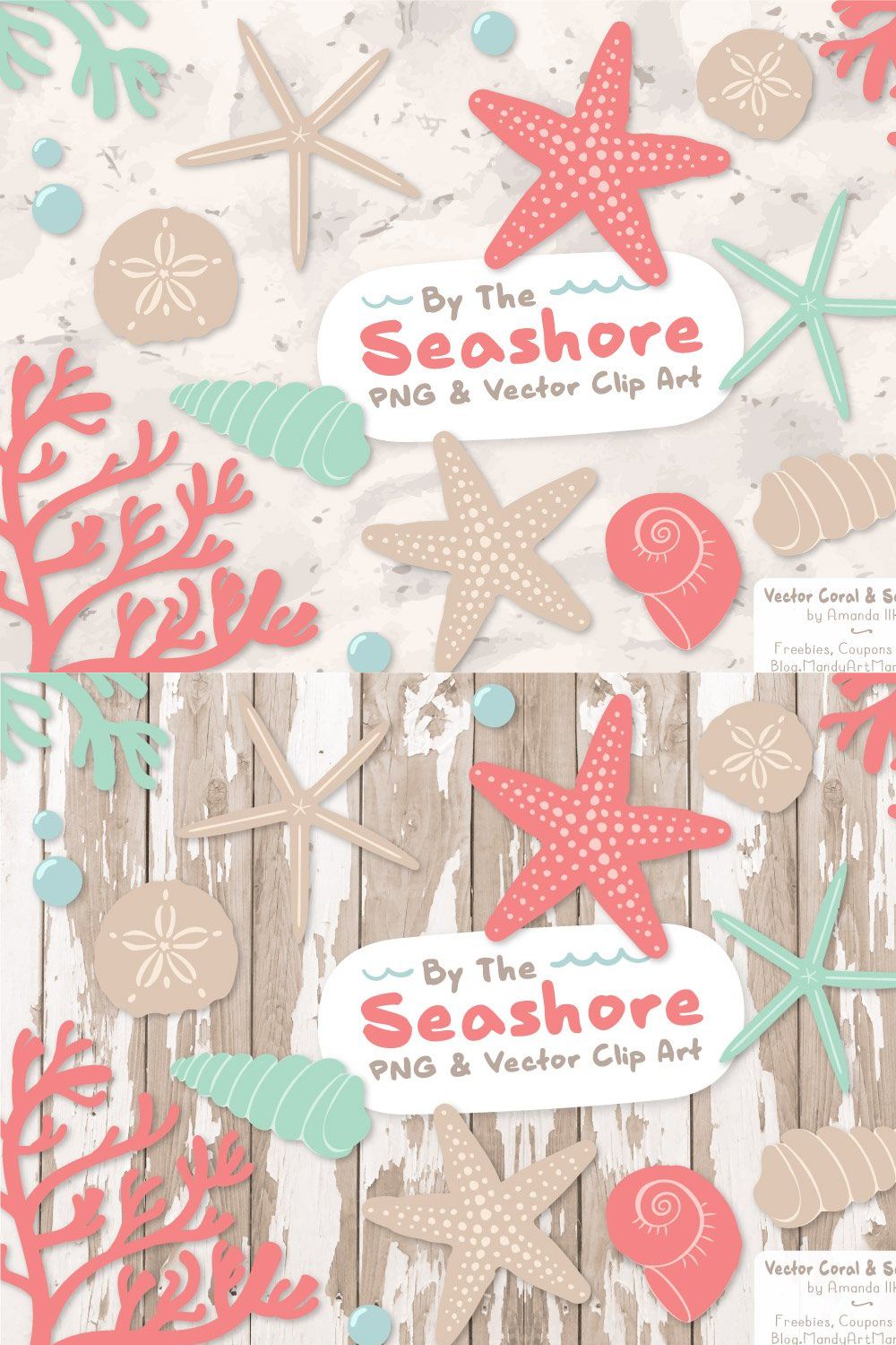 Seashells Clipart in Mint & Coral pinterest preview image.