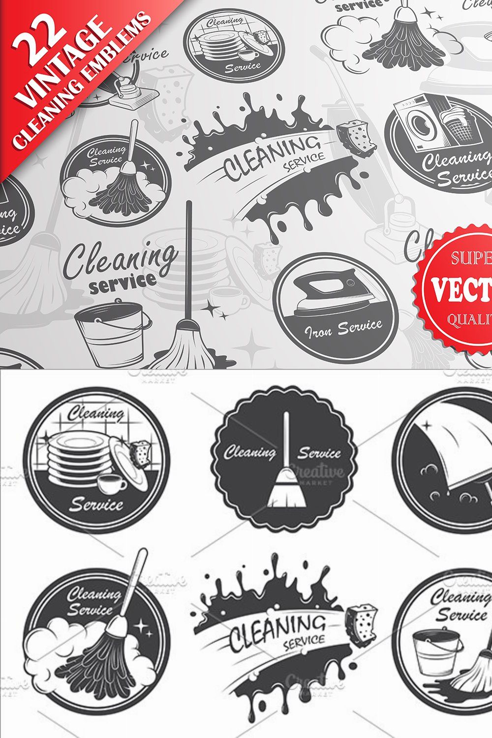 Set of 22 vintage cleaning emblems. pinterest preview image.