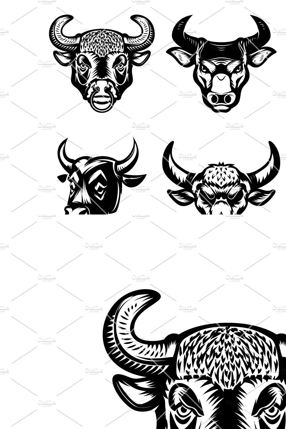 Set of bull heads isolated on white pinterest preview image.