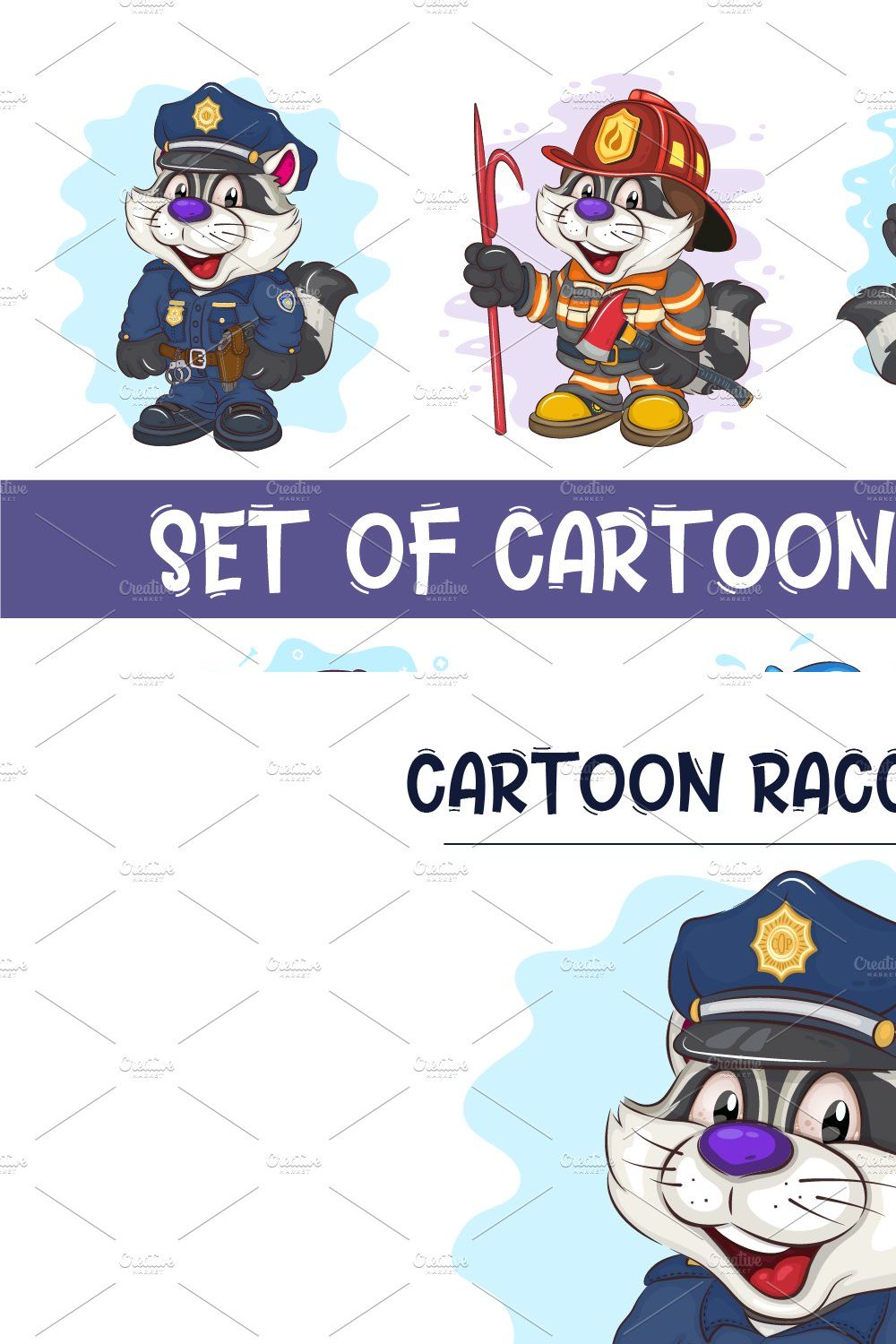 Set of Cartoon Raccoons 01. T-Shirt. pinterest preview image.