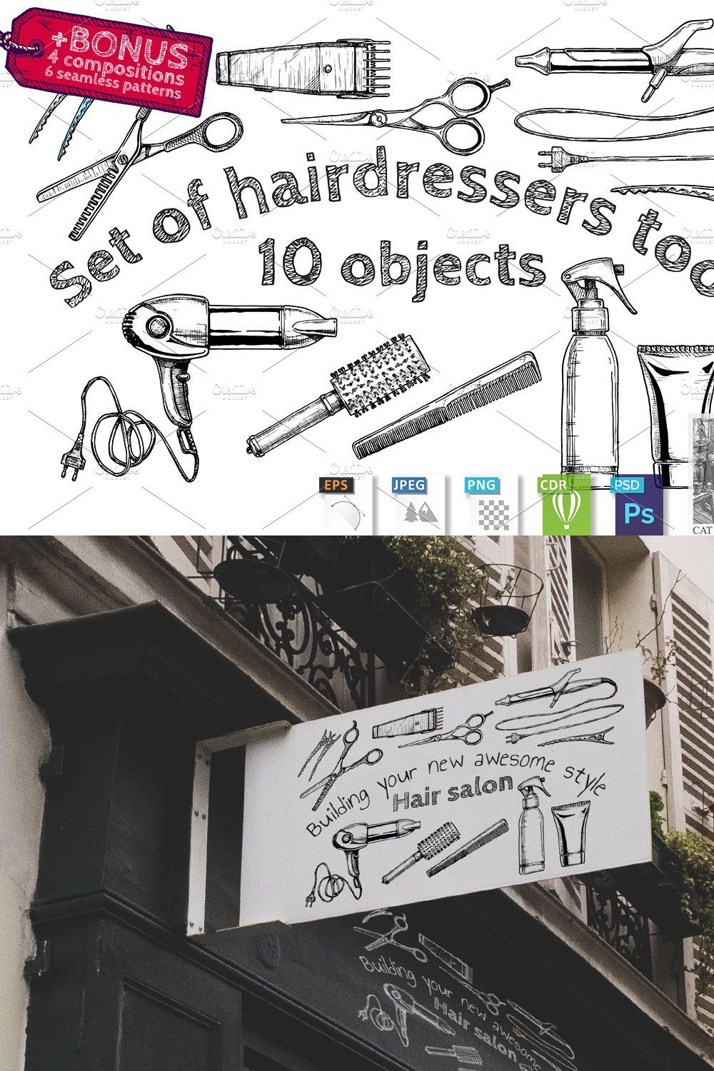 Set of hairdressers tools pinterest preview image.