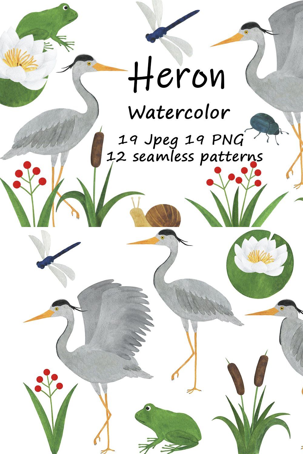 Set of heron watercolor illustration pinterest preview image.