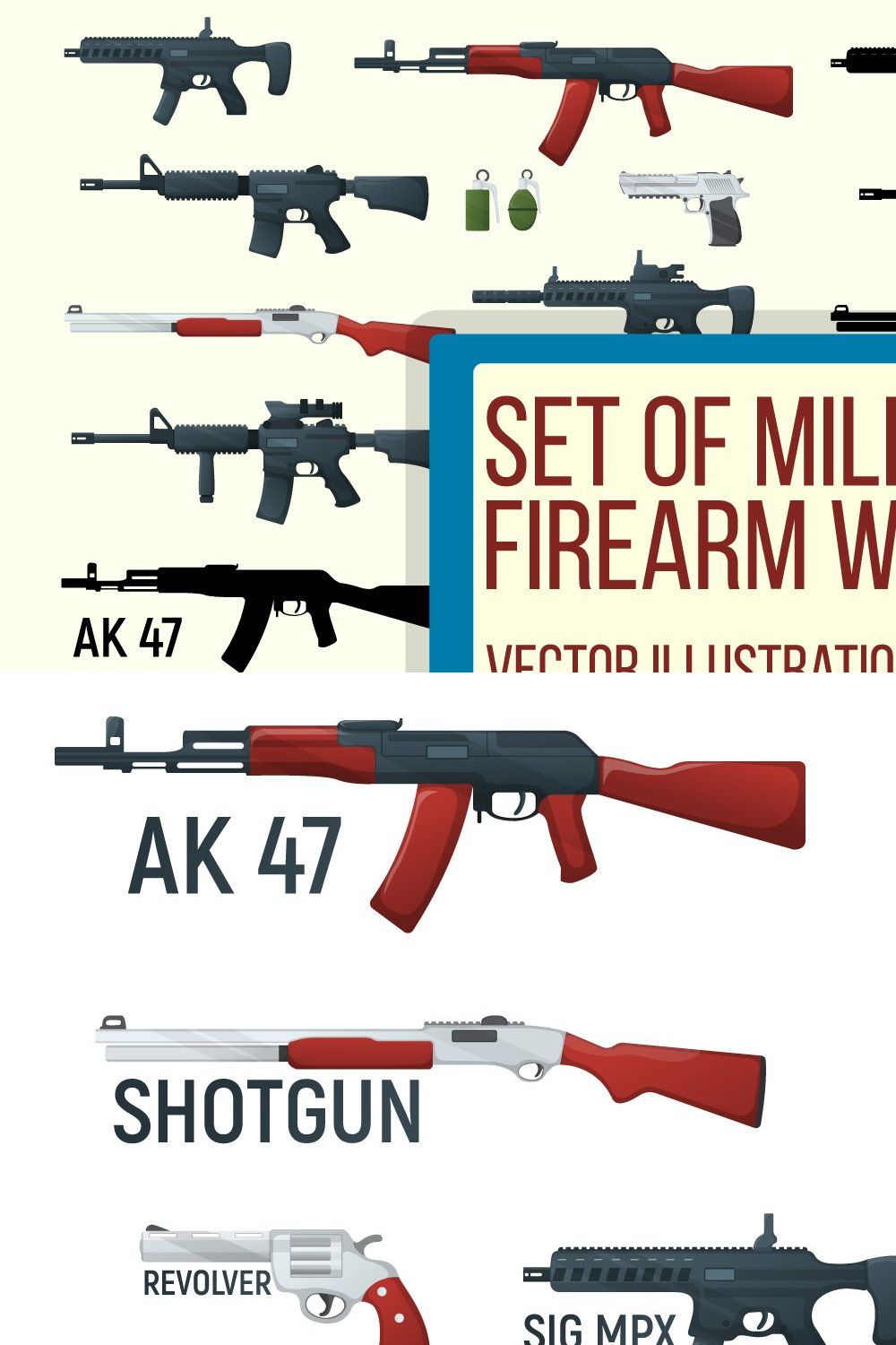 Set of military firearm weapon icon. pinterest preview image.