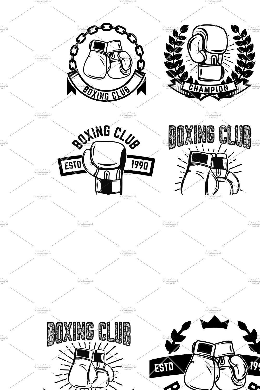 Set of monochrome boxing club emblem pinterest preview image.