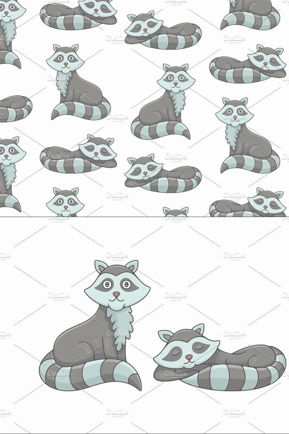 Set of Raccoons and Pattern pinterest preview image.