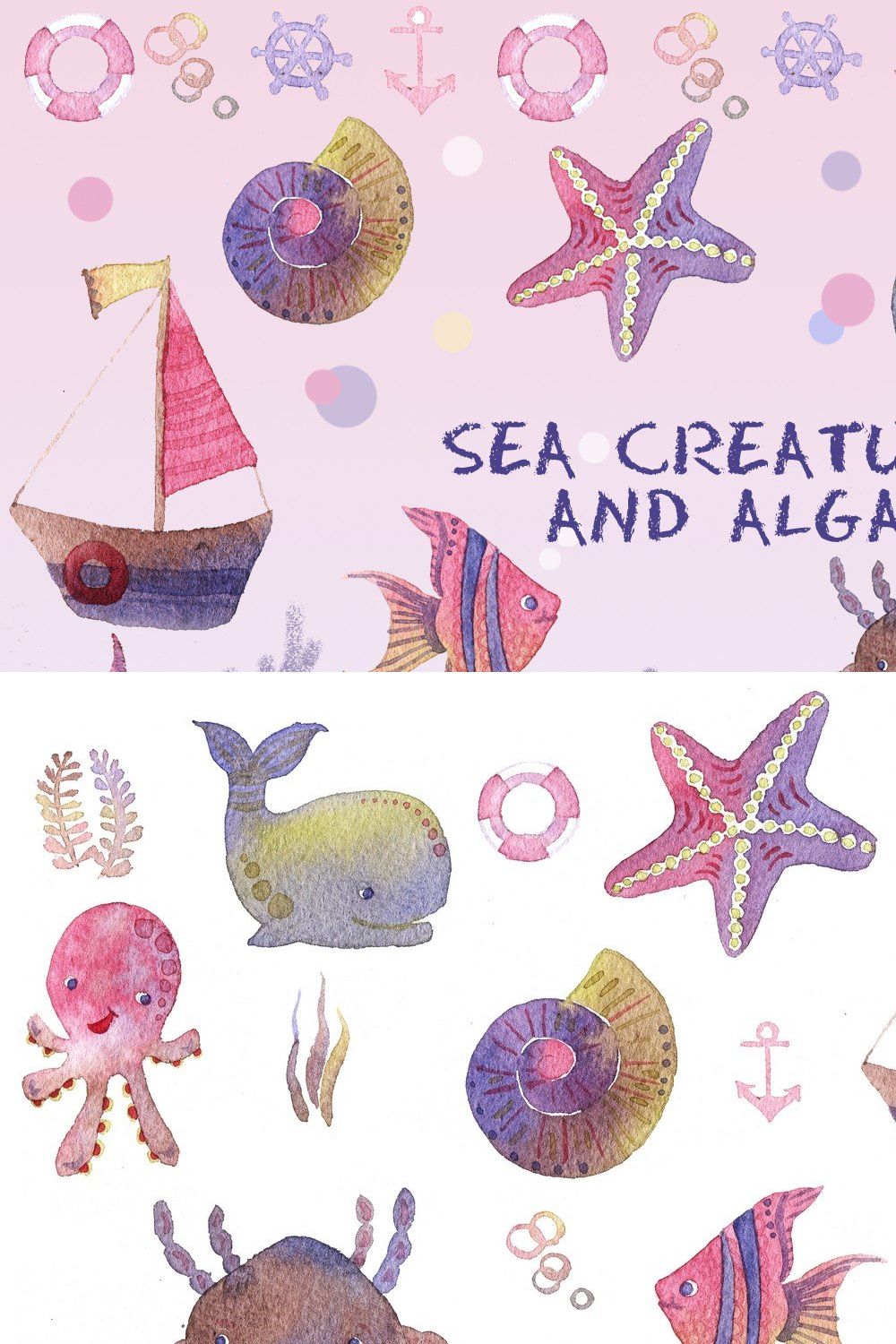 Set of seaweed and sea creatures pinterest preview image.