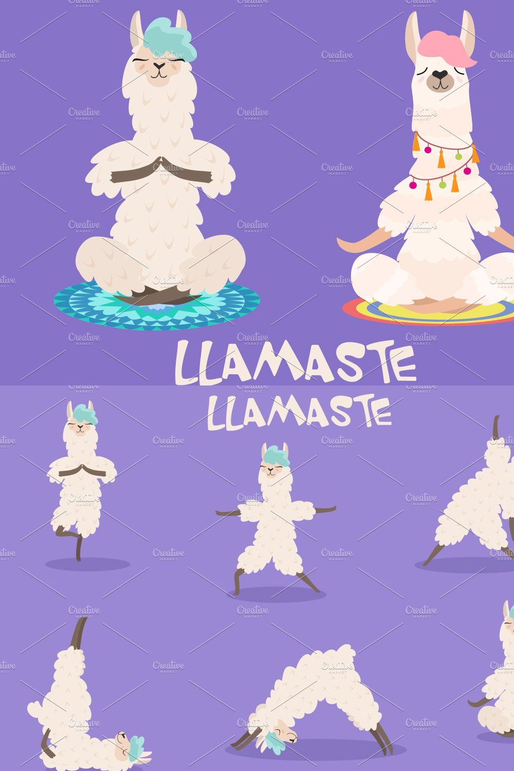 Set of stylized yoga llamas. pinterest preview image.