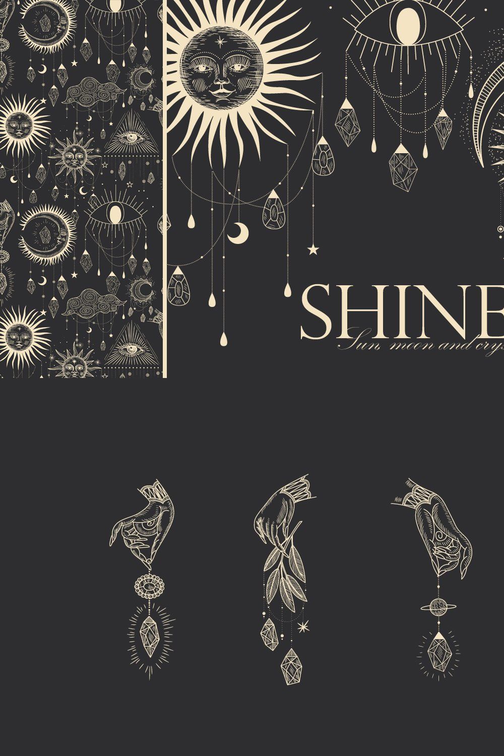 Shine. Sun, moon, stars and crystals pinterest preview image.