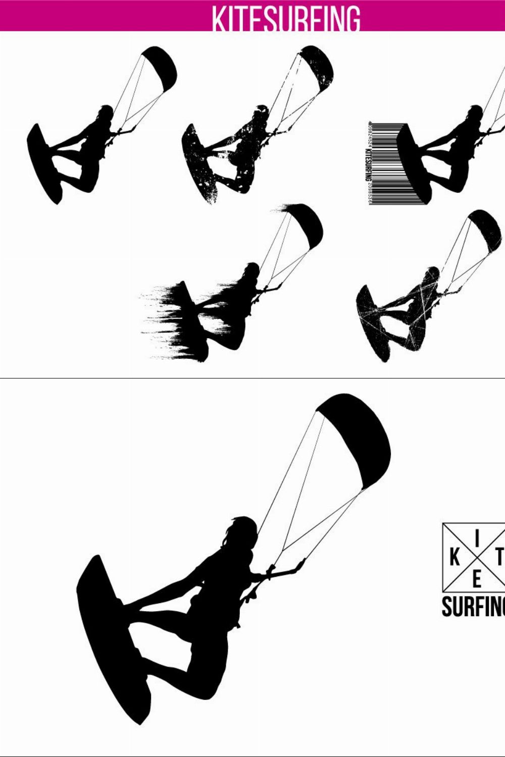 Silhouettes of a kitesurfer. Set pinterest preview image.