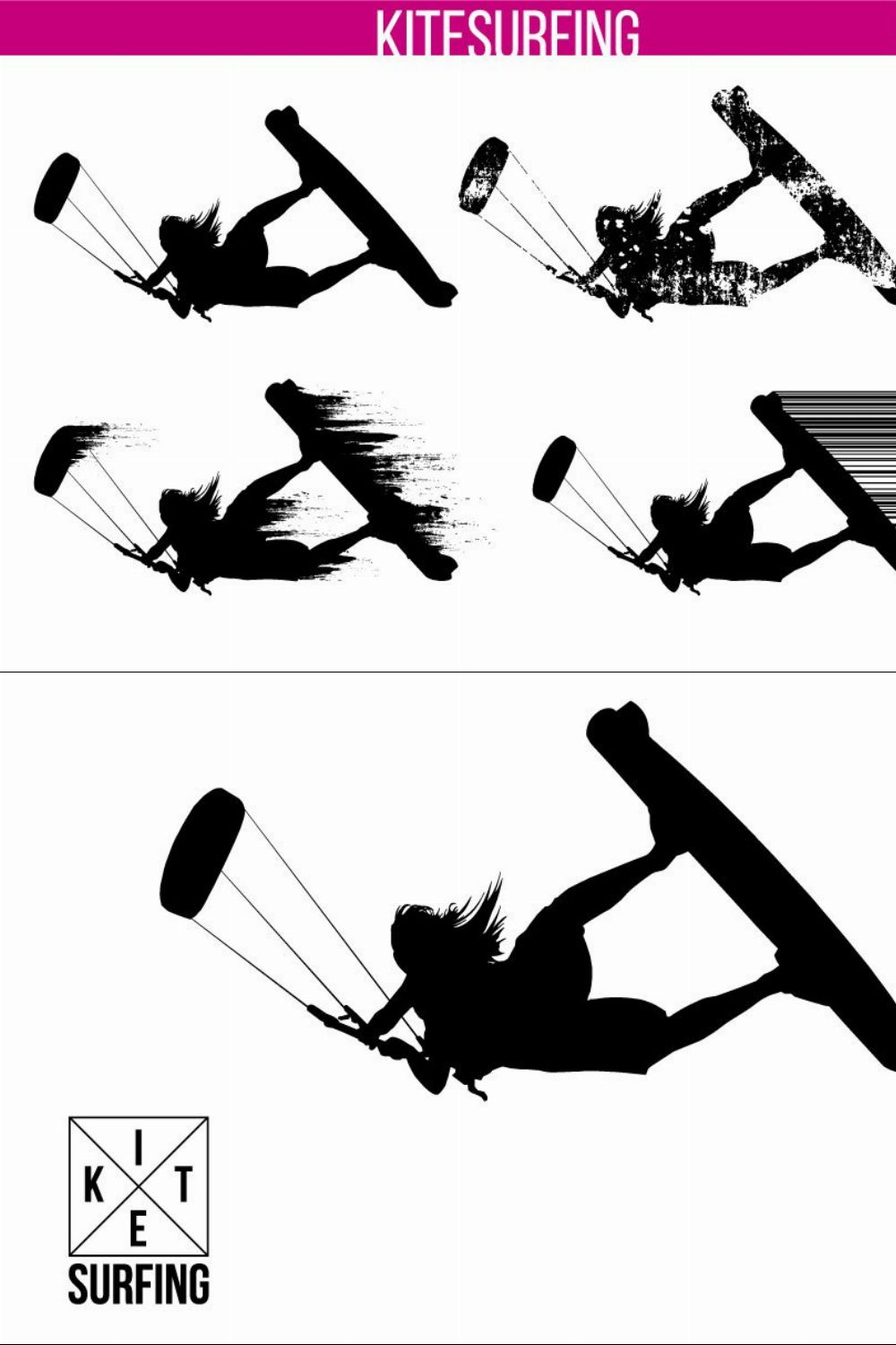 Silhouettes of a kitesurfer. Set pinterest preview image.