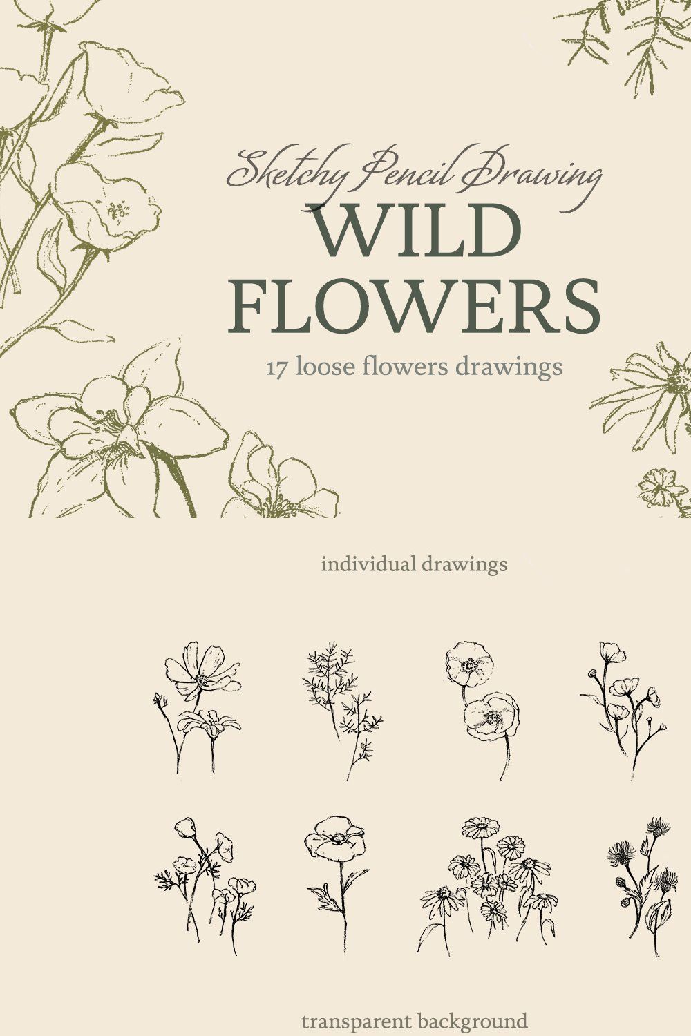 Sketchy Pencil Drawing Wildflowers pinterest preview image.