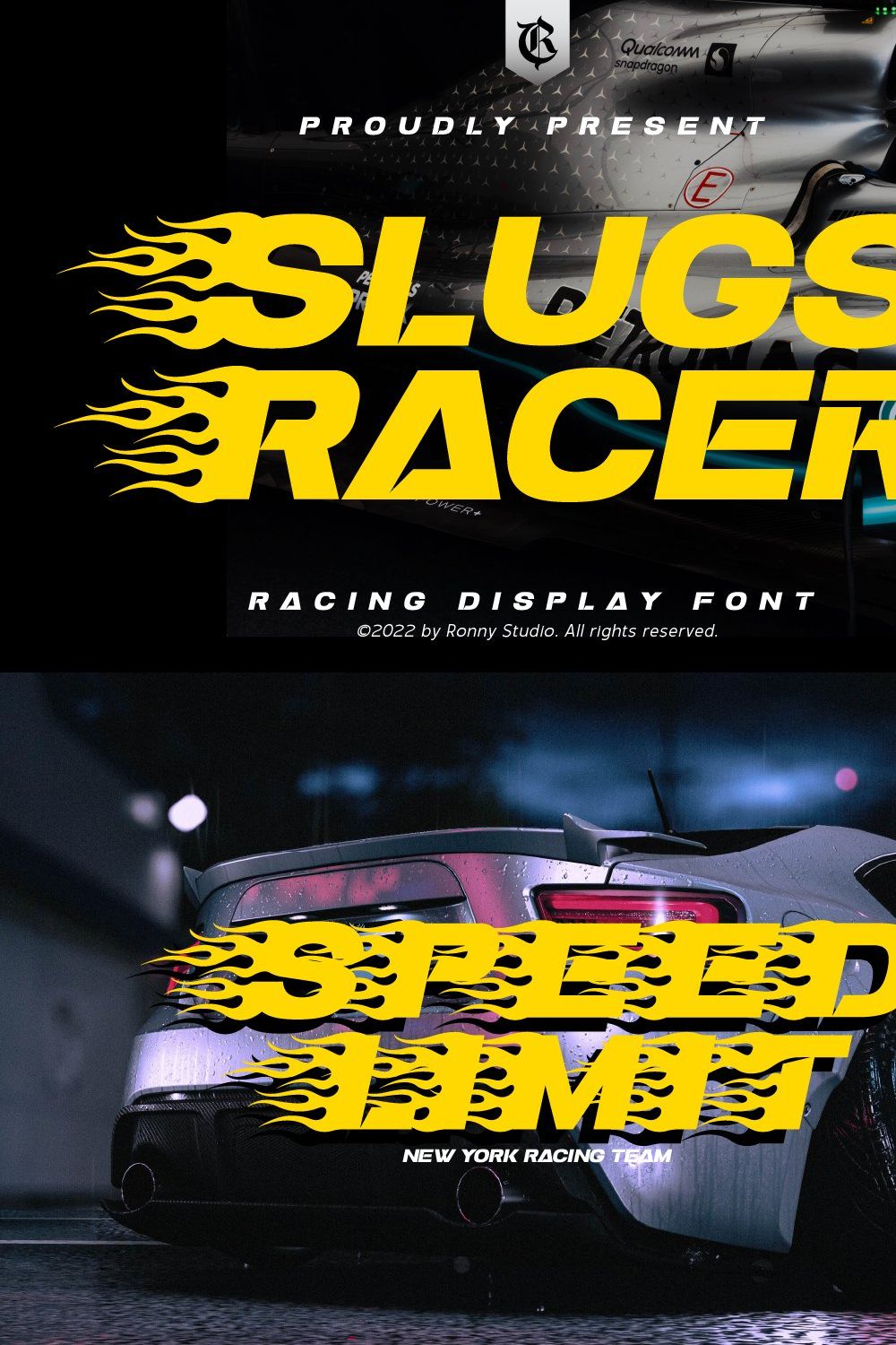 Slugs Racer - Racing Display Font pinterest preview image.