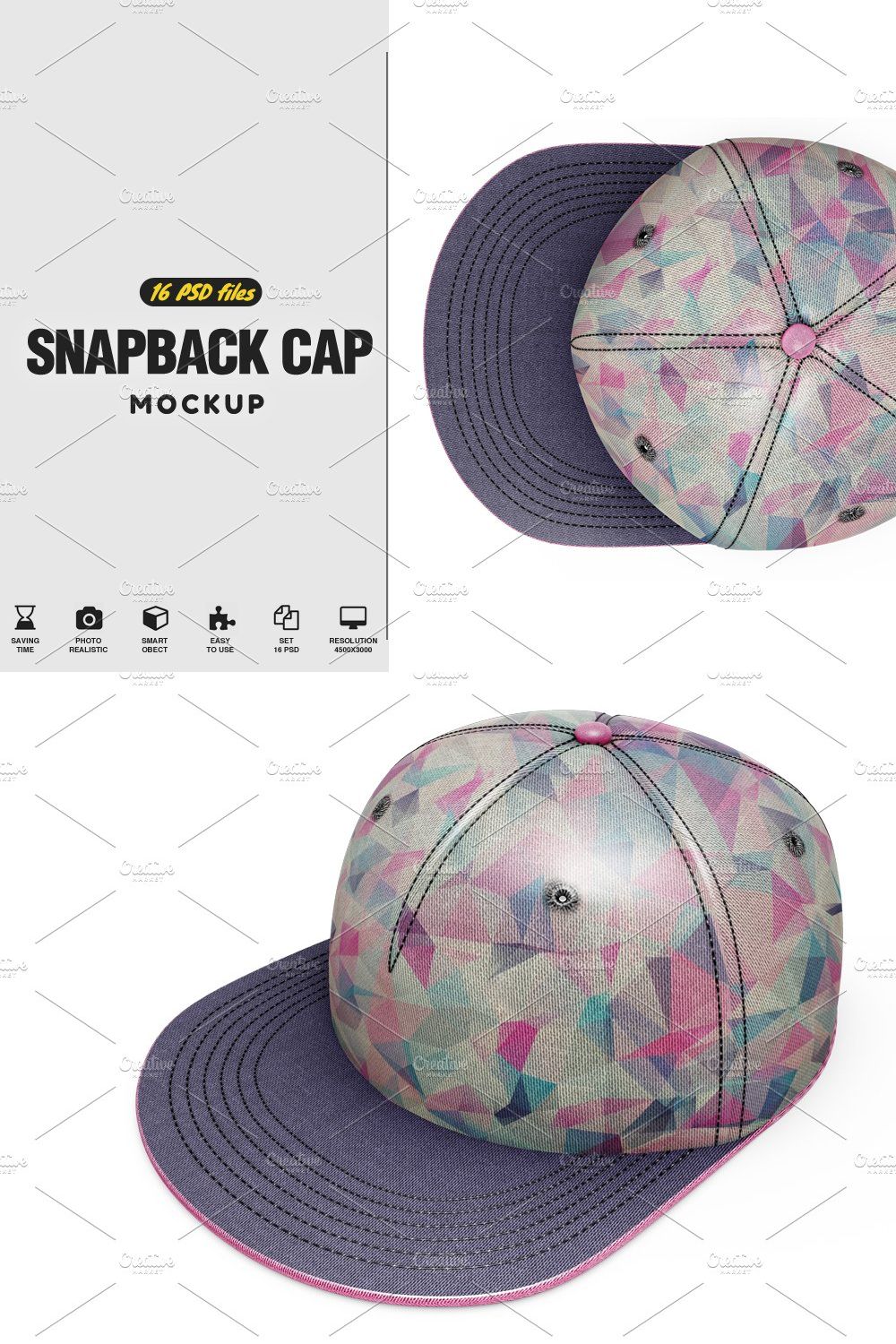 Snapback Cap Mockup pinterest preview image.