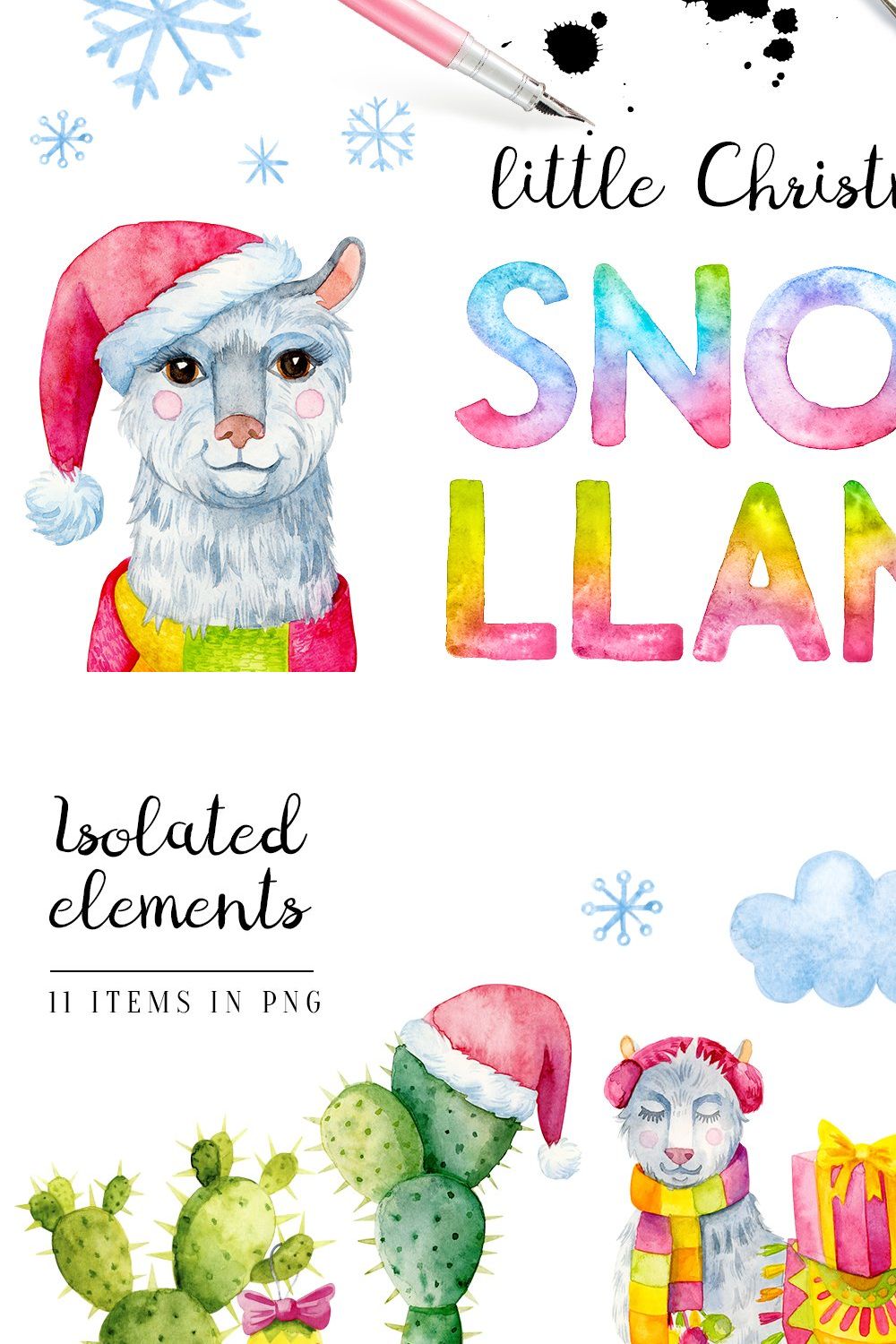 Snow Llama. 11 items & 1 pattern pinterest preview image.