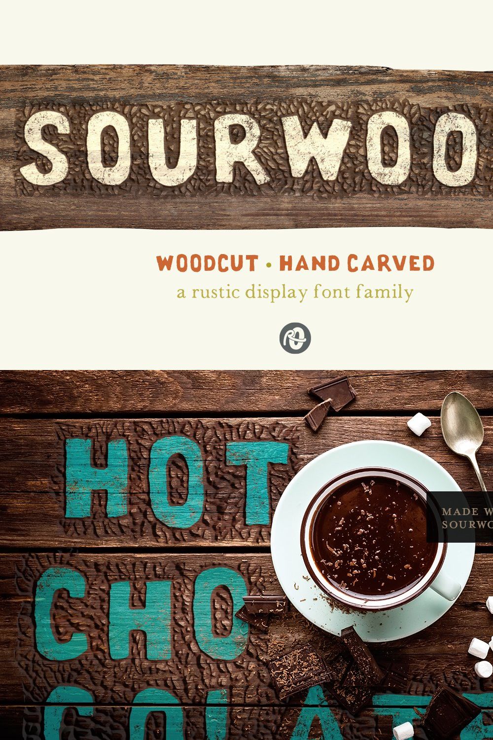 Sourwood: woodcut font family pinterest preview image.