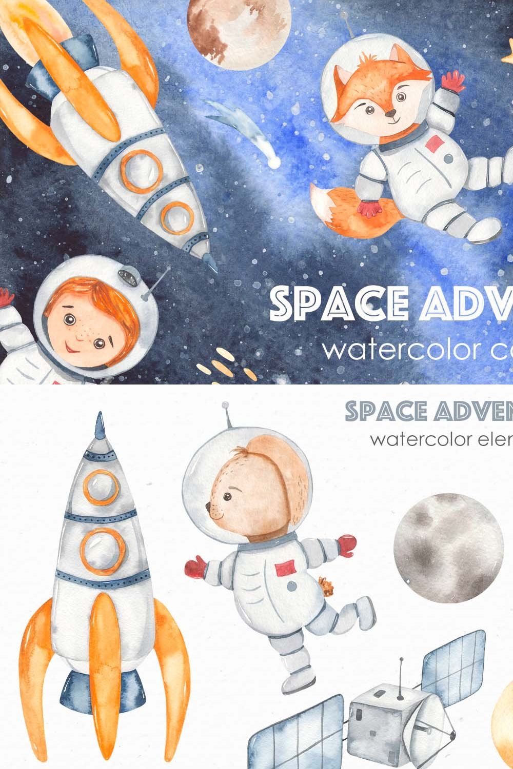 Space adventure watercolor pinterest preview image.