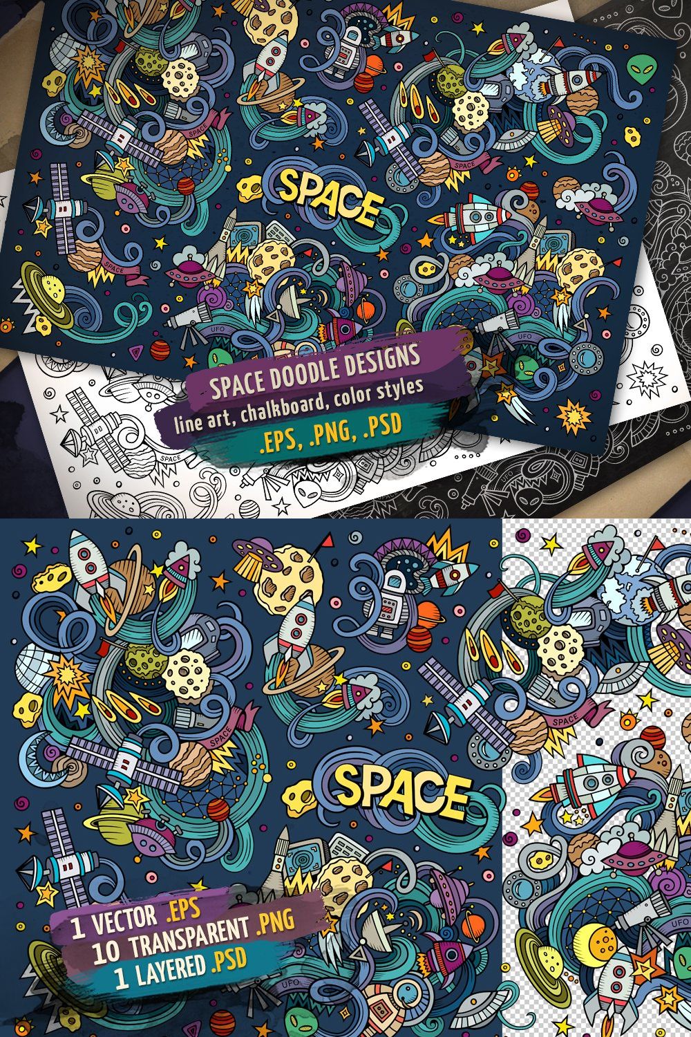 Space Doodles Designs Set pinterest preview image.