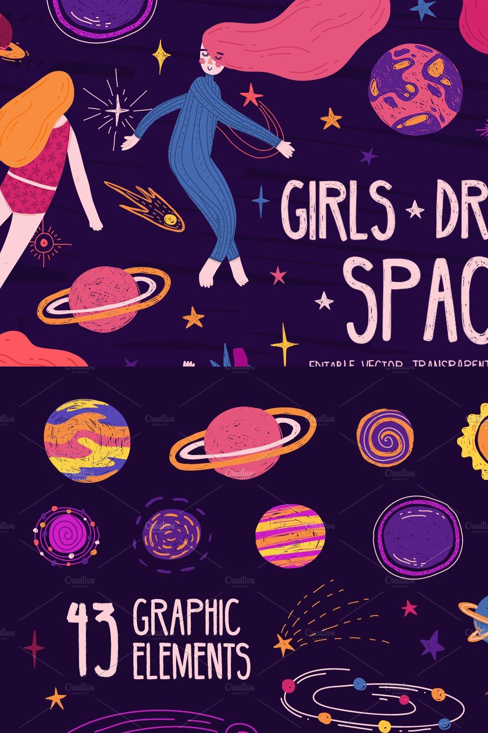 Space Girls set illustration pinterest preview image.
