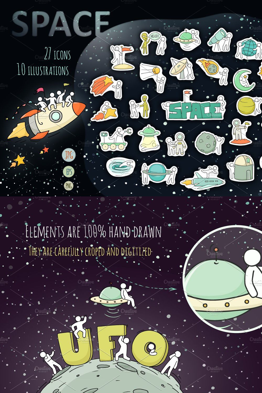Space objects with little People pinterest preview image.
