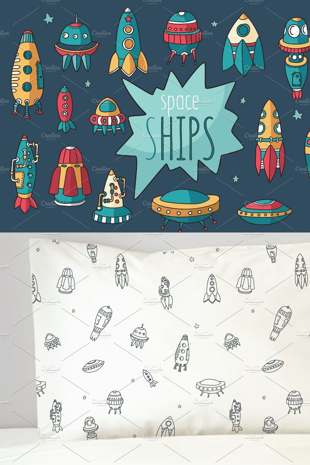 Spaceships set + pattern pinterest preview image.