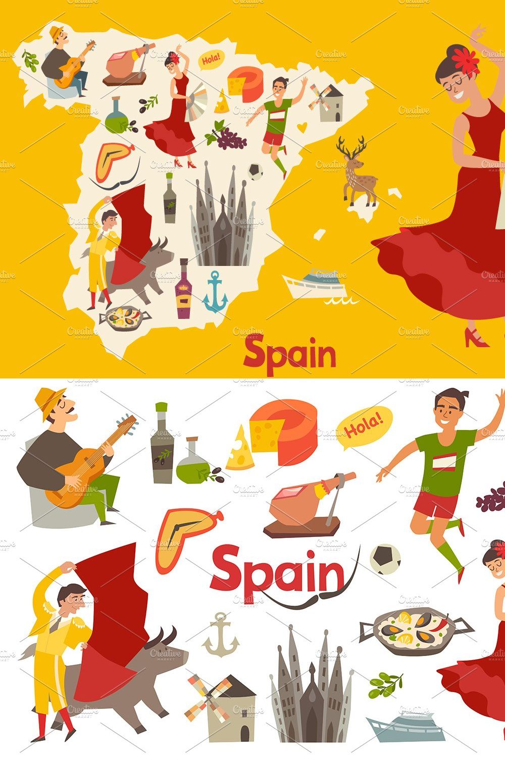 Spainish landmark, Spain vector map pinterest preview image.