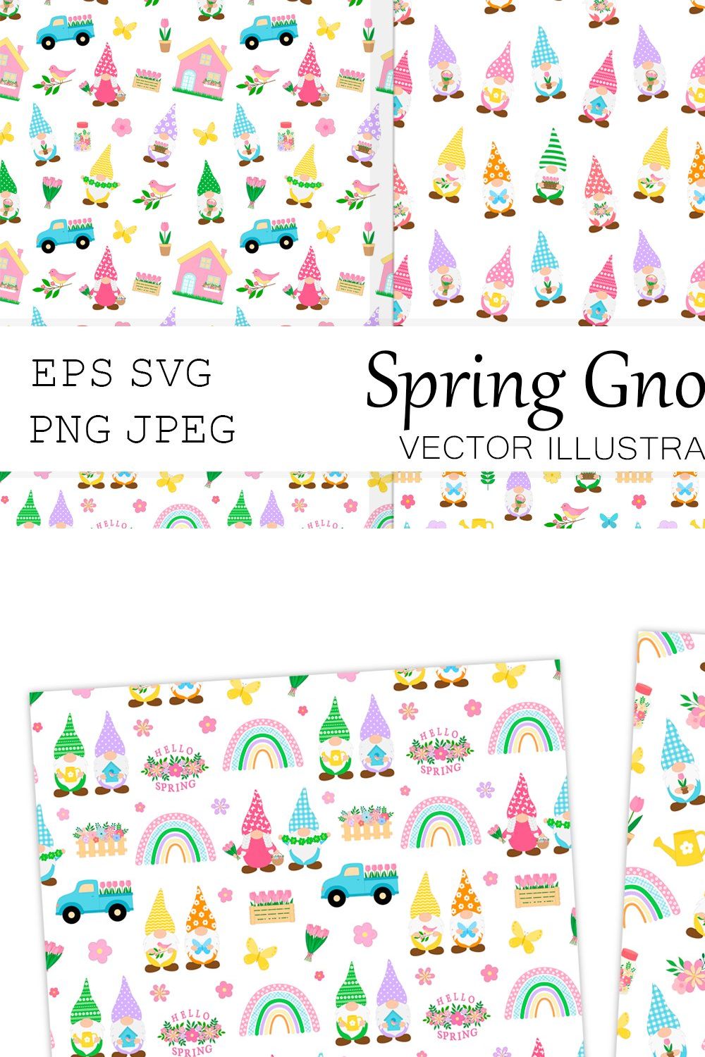 Spring Gnomes seamless patterns pinterest preview image.