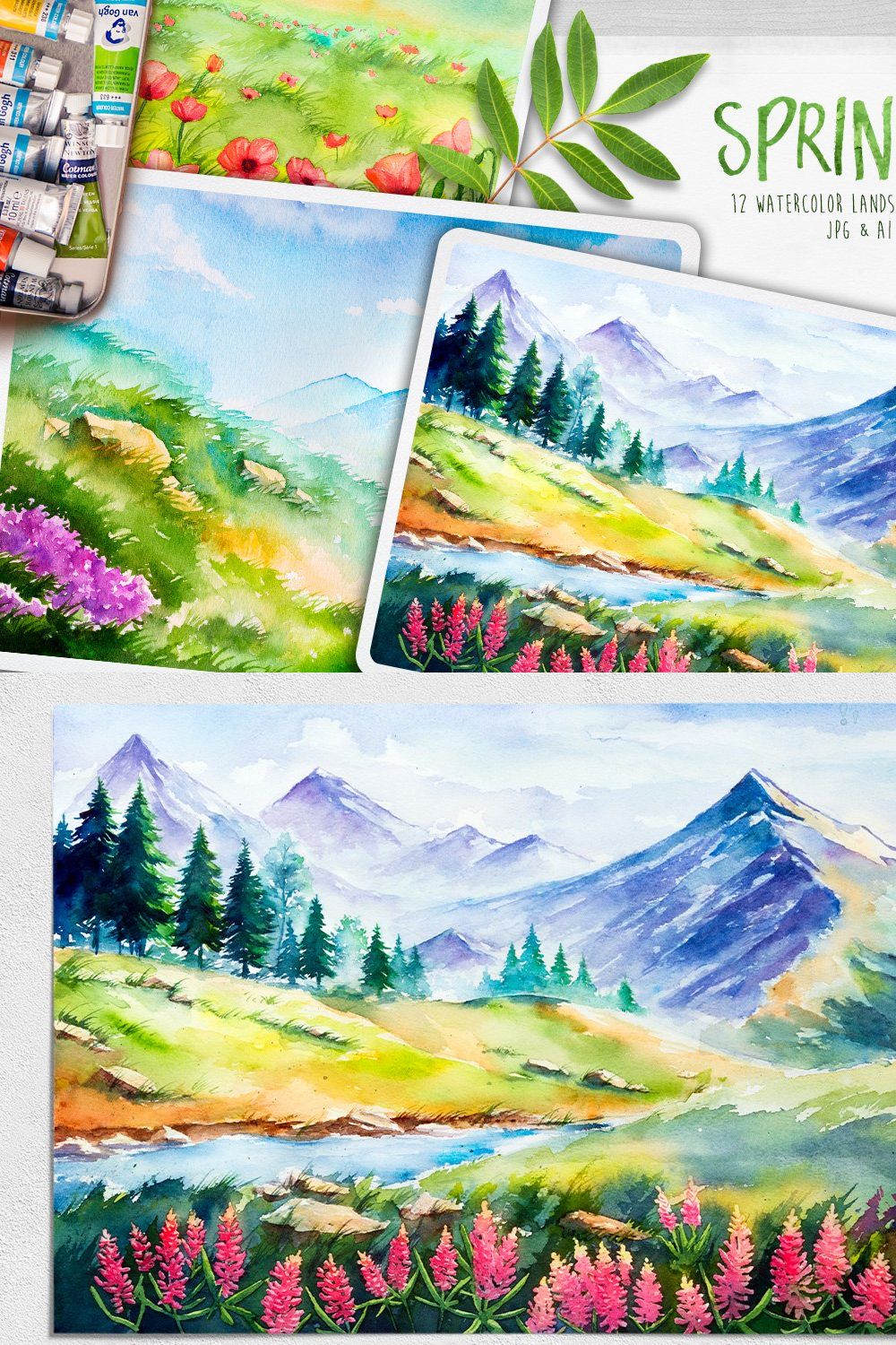 Spring Landscapes. Watercolor. pinterest preview image.