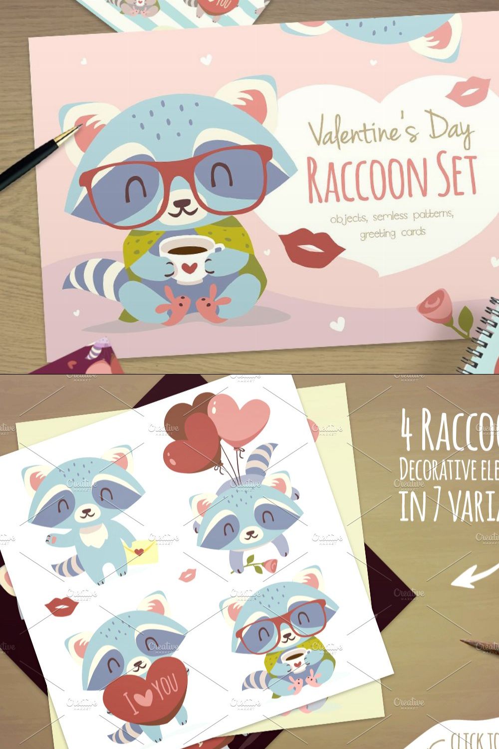 St. Valentine's Day Raccoon Set pinterest preview image.